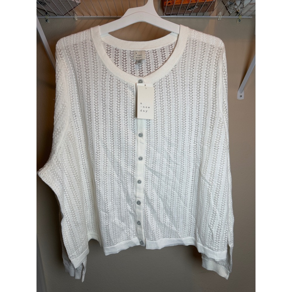 A New Day Womens White Pointelle Knit Button Front Cardigan Sweater Size L/XL